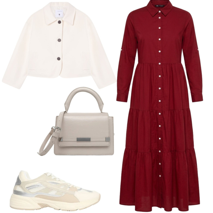 Outfit donna - Casual chic ufficio tempo libero. Stile Casual chic per Tutti i giorni. Abbinamento con vestiti chemisier, blazer, sneakers, borse a tracolla.