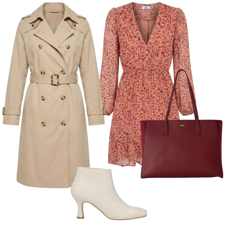 Outfit donna - La stagione dei trench. per Tutti i giorni. Abbinamento con stivaletti, shopping bag, vestiti corti, trench.