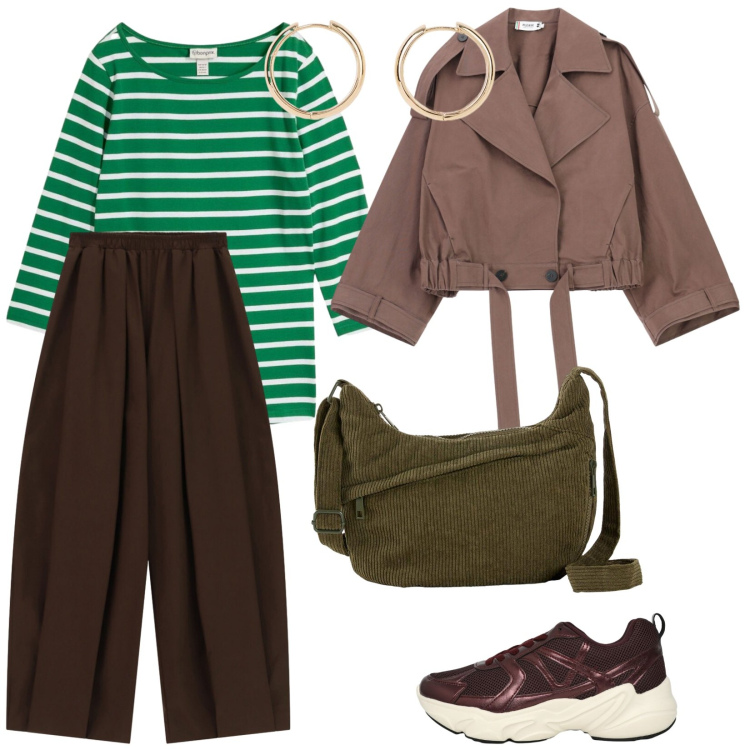 Outfit donna - La borsa di velluto. per Tutti i giorni. Abbinamento con borse a tracolla, orecchini, t-shirt, sneakers, cappotti, pantaloni a palazzo.