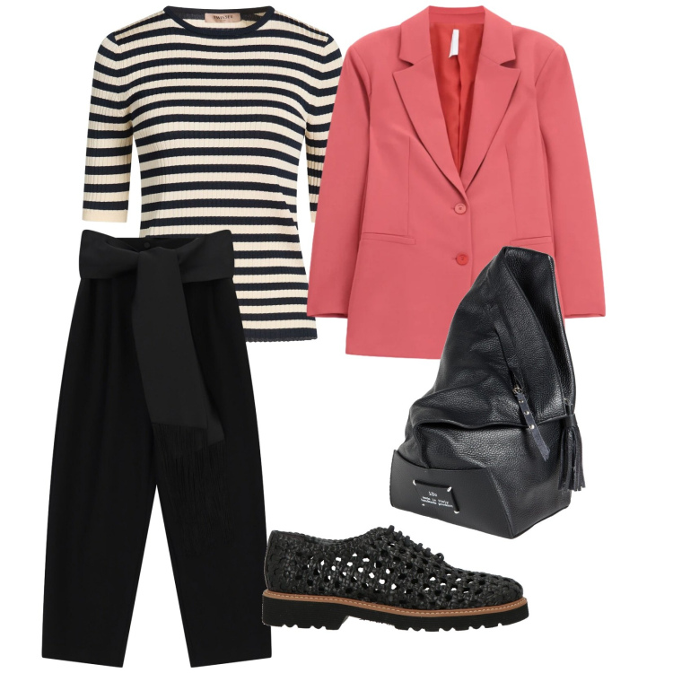 Outfit donna - Settembre in ufficio. per Ufficio. Abbinamento con zaini, pullovers, scarpe stringate, pantaloni a palazzo, blazer.