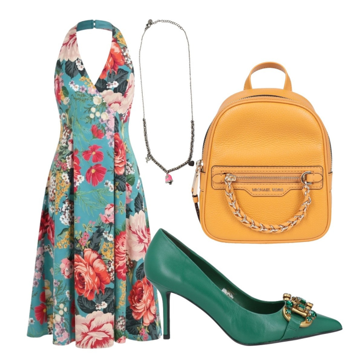 Outfit donna - Invitata alla laurea. Stile Romantica per Cerimonia. Abbinamento con zaini, décolleté, ciondoli, vestiti midi/longuette.