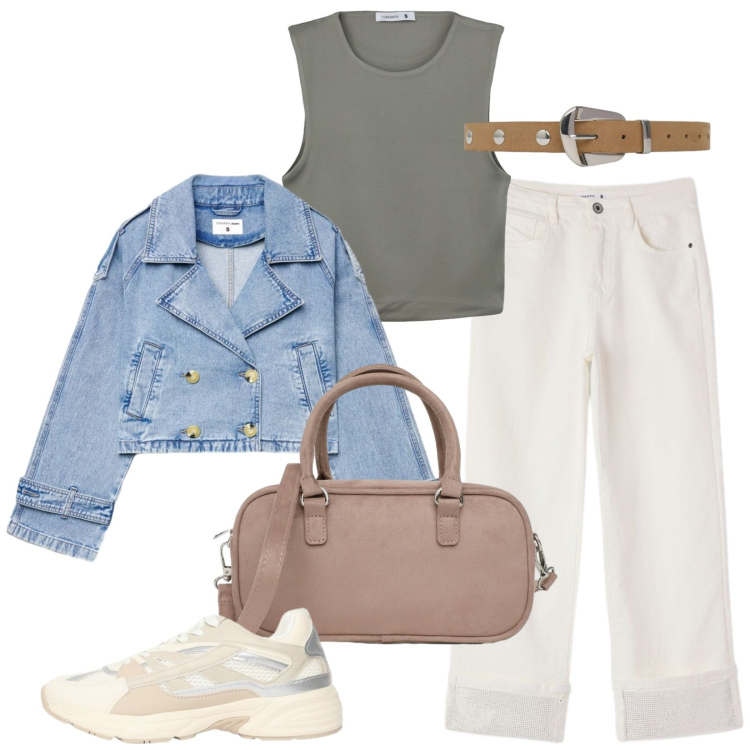 Outfit donna - Primi acquisti d\'autunno. Stile Casual per Tutti i giorni. Abbinamento con jeans, caban, top, borse a tracolla, sneakers, cinture.