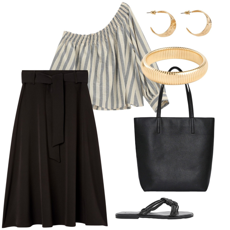 Outfit donna - Semplice. per Tutti i giorni. Abbinamento con braccialetti, orecchini, bluse, gonne lunghe, borse tote, sandali.