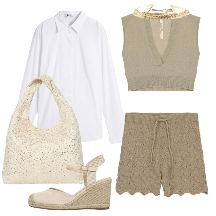 Outfit donna - Naturalezza chic. Stile Casual chic per Serata fuori. Abbinamento con camicie, top, borse a spalla, zeppe, shorts, braccialetti.
