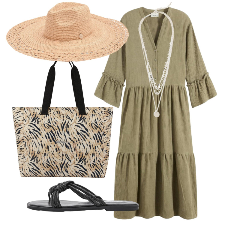 Outfit donna - Prima della partenza. Stile Etnico per Tutti i giorni. Abbinamento con vestiti midi/longuette, collane, cappelli, sandali, shopping bag.