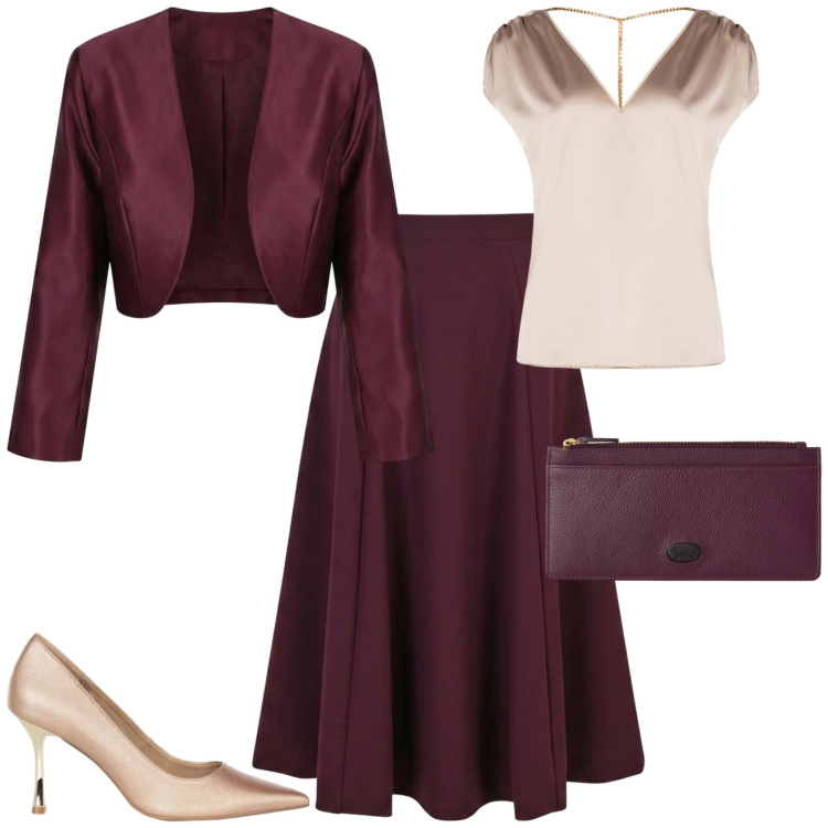 Outfit donna - Chic serata evento. Stile Chic per Serata fuori. Abbinamento con portafogli, top, gonne lunghe, blazer, décolleté.