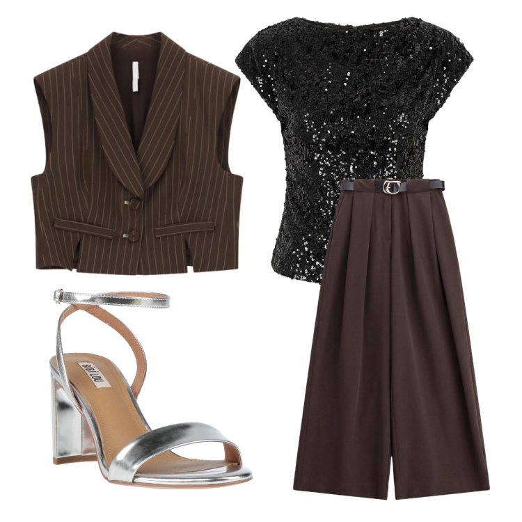 Outfit donna - Agosto. Stile Casual chic per Serata fuori. Abbinamento con sandali in pelle, pantaloni a palazzo, gilet, top.