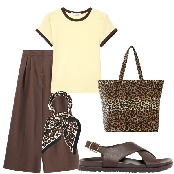Outfit donna - Serata tra amici. Stile Casual chic per Tutti i giorni. Abbinamento con shopping bag, sandali in pelle, t-shirt, foulard, pantaloni a palazzo.