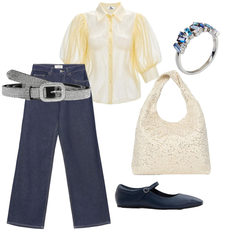 Outfit donna - Uscita con le amiche. per Serata fuori. Abbinamento con ballerine, anelli, borse a spalla, cinture, jeans, camicie.