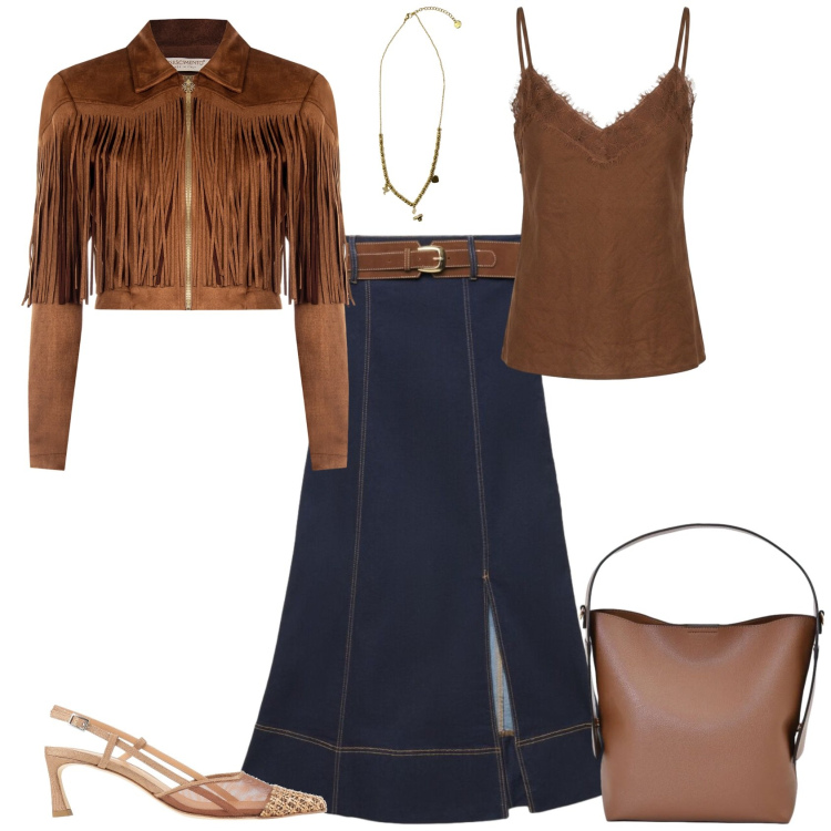 Outfit donna - Country chic serata. Stile Casual chic per Serata fuori. Abbinamento con décolleté, gonne lunghe, giacche, borse a mano, ciondoli, top.