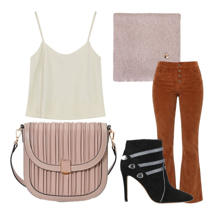Outfit donna - Oggi mi vesto cosi. Stile Basic per Tutti i giorni. Abbinamento con stivaletti, top, borse a tracolla, sciarpe, pantaloni.