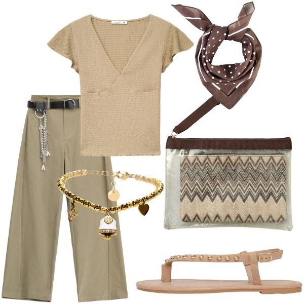 Outfit donna - Passeggiando per la città. Stile Casual chic per Tutti i giorni. Abbinamento con foulard, pantaloni, t-shirt, ciabatte, pochette, braccialetti.