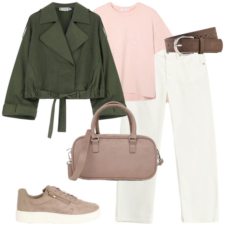 Outfit donna - Rainy day. Stile Casual chic per Tutti i giorni. Abbinamento con cinture, sneakers, t-shirt, borse a tracolla, parka, pantaloni.