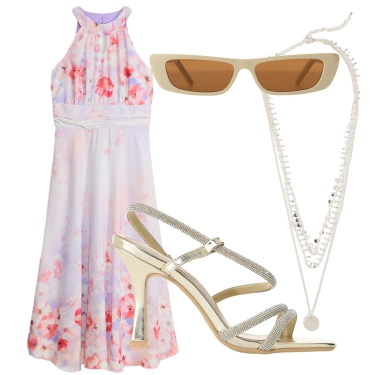 Outfit donna - Cerimonia di giorno. Stile Romantica per Cerimonia. Abbinamento con vestiti midi/longuette, collane, occhiali da sole, sandali col tacco.