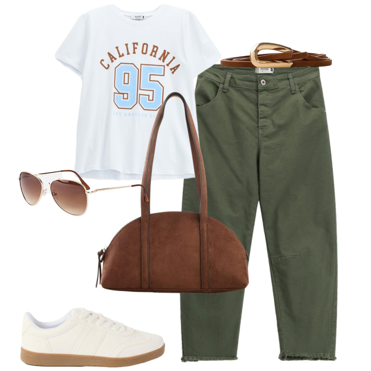 Outfit donna - City. Stile Casual chic per Tutti i giorni. Abbinamento con borse a tracolla, cinture, occhiali da sole, sneakers, pantaloni, t-shirt sportive.
