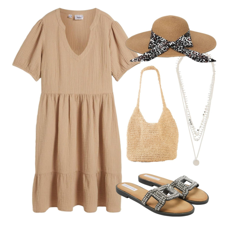 Outfit donna - In vacanza. Stile Casual per Mare. Abbinamento con shopping bag, collane, vestiti, ciabatte, cappelli.