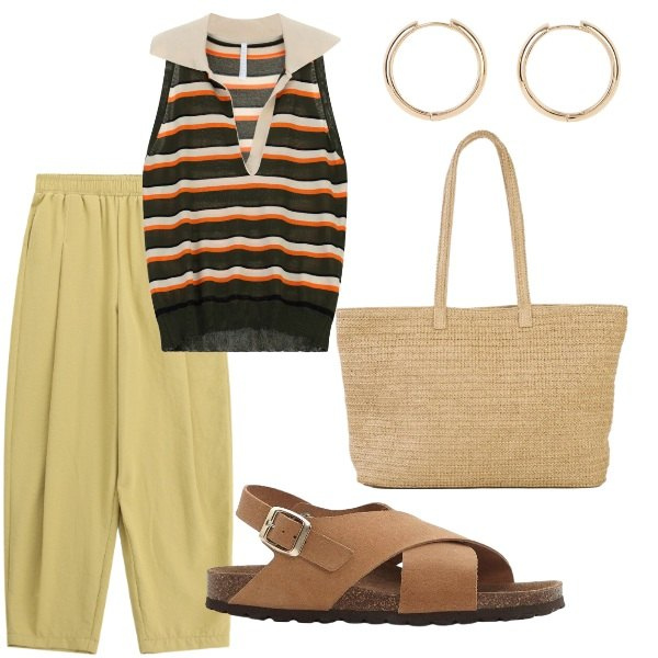 Outfit donna - Estate. Stile Casual per Tutti i giorni. Abbinamento con sandali in pelle, shopping bag, orecchini, top, pantaloni a palazzo.