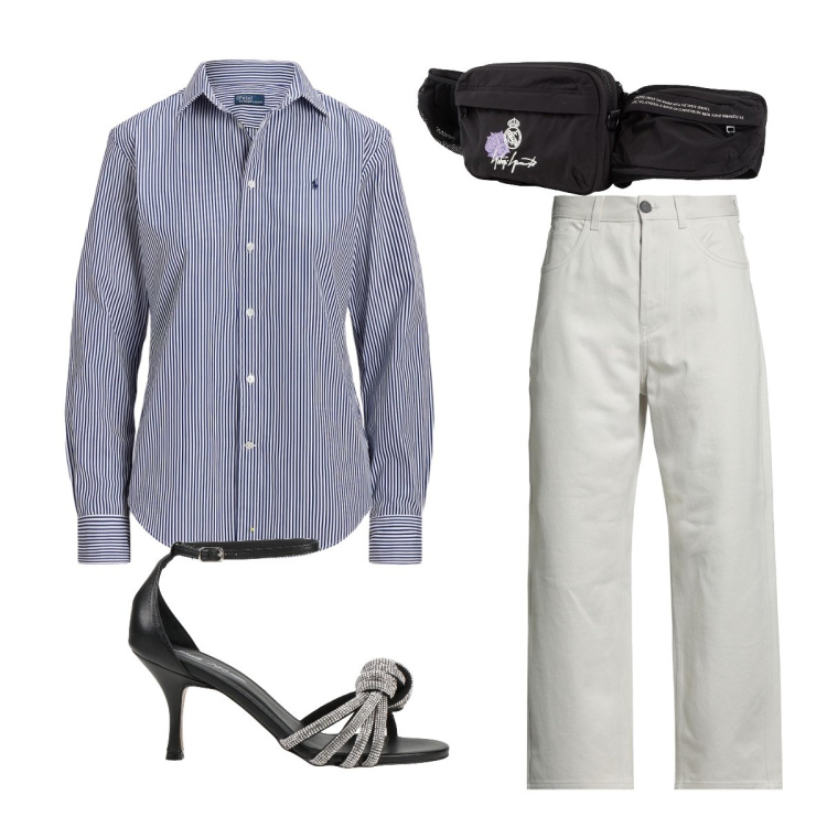 Outfit donna - Agosto curvy. Stile Casual chic per Serata fuori. Abbinamento con sandali in pelle, pantaloni, marsupi, camicie.