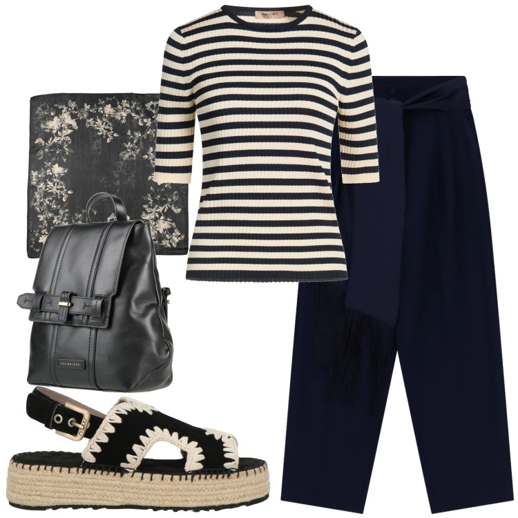 Outfit donna - Sporty. Stile Casual per Tutti i giorni. Abbinamento con zaini, sciarpe, pullovers, espadrillas, pantaloni a palazzo.