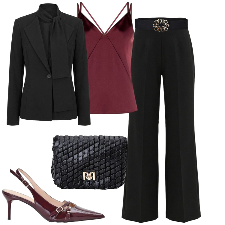 Outfit donna - City. Stile Chic per Tutti i giorni. Abbinamento con pantaloni, top, borse a tracolla, cinture, décolleté, blazer.