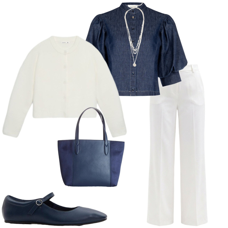 Outfit donna - Ritorno in ufficio. Stile Casual chic per Ufficio. Abbinamento con ballerine, collane, shopping bag, cardigans, camicie a manica corta, pantaloni.