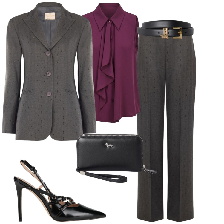 Outfit donna - Anticipi d\'autunno. Stile Chic per Tutti i giorni. Abbinamento con décolleté, portafogli, cinture, top, blazer, pantaloni.
