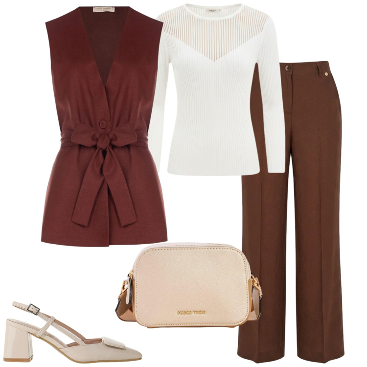Outfit donna - Gilet con il fiocco. Stile Casual chic per Ufficio. Abbinamento con borse a tracolla, décolleté, gilet, pantaloni, maglieria.