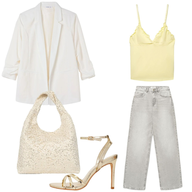 Outfit donna - Terranova - Infinite Summer. Stile Chic per Tutti i giorni. Abbinamento con sandali col tacco, canottiere, jeans, borse a spalla, blazer.
