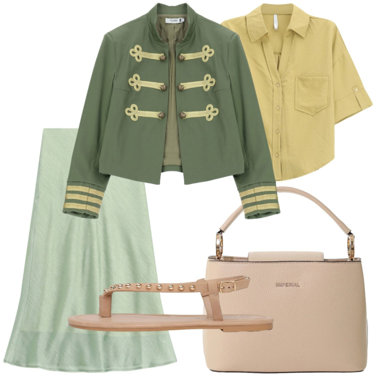 Outfit donna - Giacca militare. Stile Military per Tutti i giorni. Abbinamento con camicie a manica corta, gonne longuette, borse a secchiello, ciabatte, cappotti.