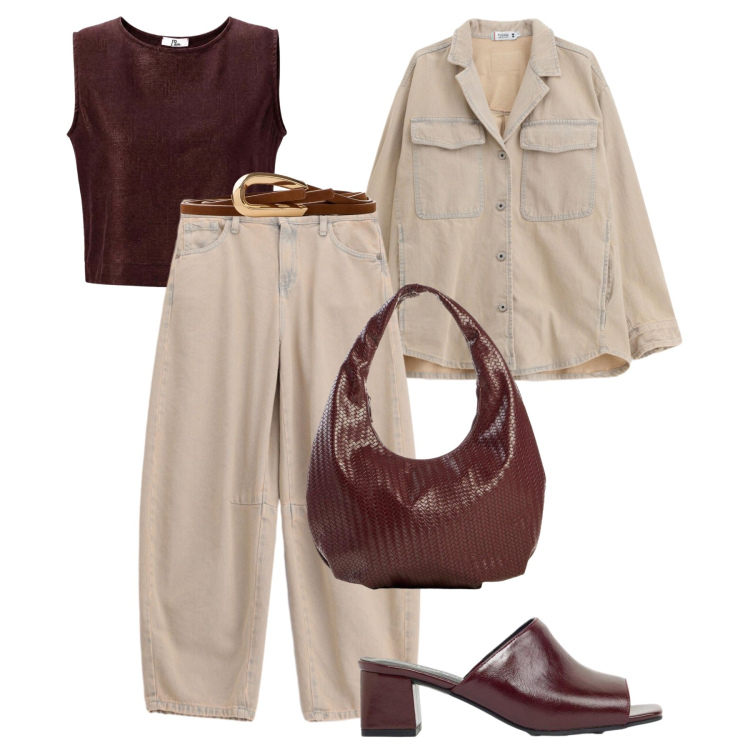 Outfit donna - Completo urbano. Stile Urban per Tutti i giorni. Abbinamento con cinture, ciabatte, borse a mano, top, cappotti, pantaloni a palazzo.