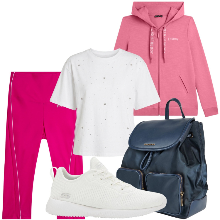 Outfit donna - Look comodo. Stile Casual per Tutti i giorni. Abbinamento con zaini, sneakers, felpe con cappuccio, leggings, t-shirt.