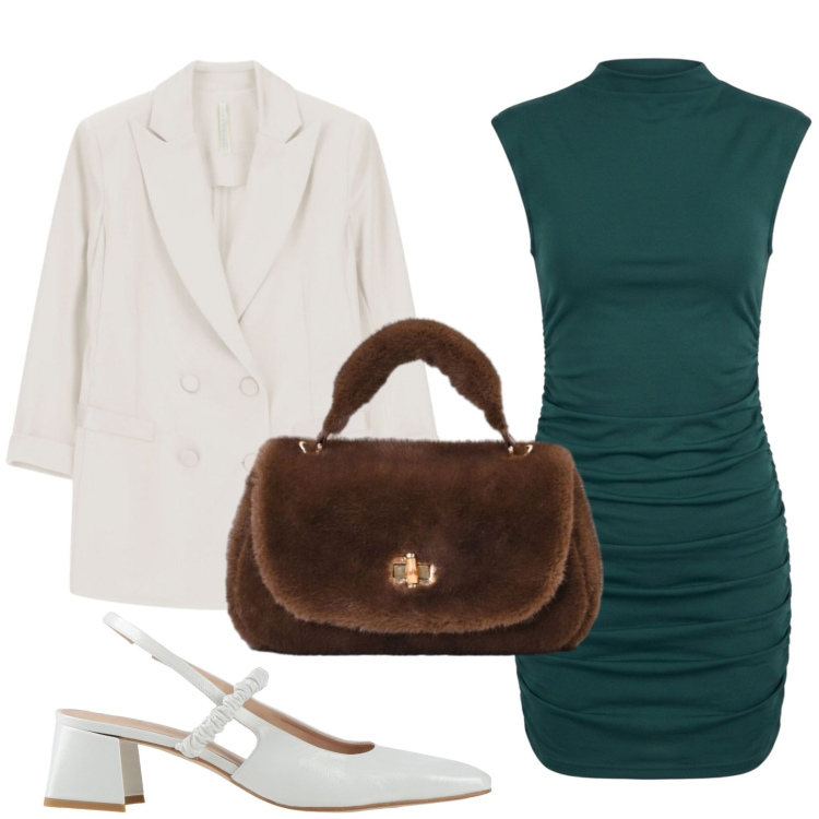 Outfit donna - Tubino drappeggiato. Stile Chic per Serata fuori. Abbinamento con décolleté, blazer, borse a mano, vestiti corti.