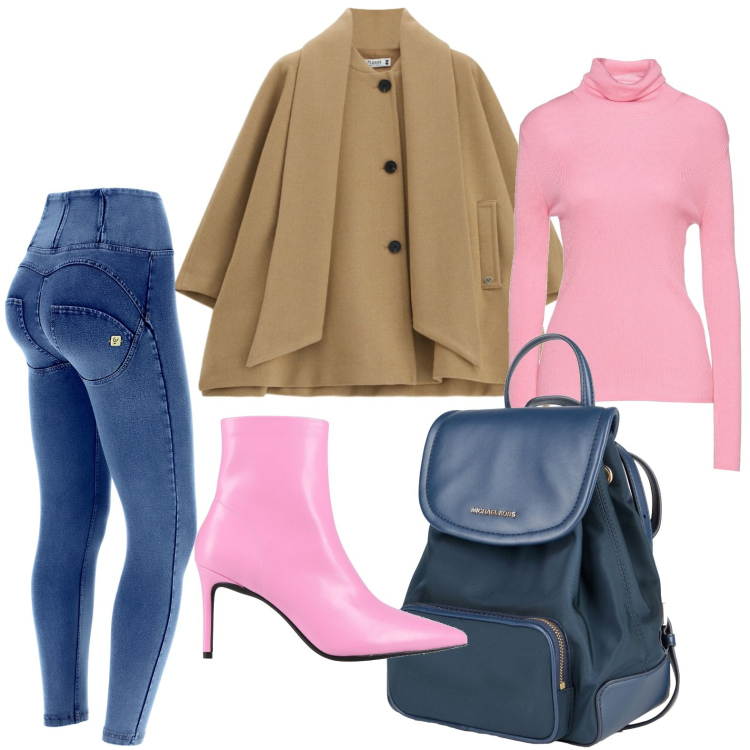Outfit donna - Cappotto con sciarpa. Stile Casual per Tutti i giorni. Abbinamento con zaini, maglieria, stivaletti, cappotti, jeggings.