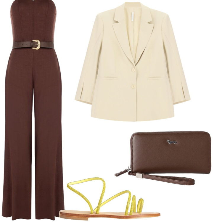 Outfit donna - Tuta coffee. Stile Casual per Tutti i giorni. Abbinamento con ciabatte, portafogli, blazer, tute.