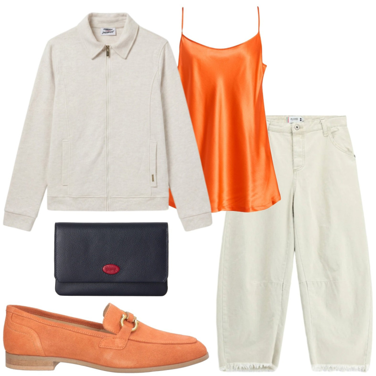 Outfit donna - Orange style. Stile Casual per Tutti i giorni. Abbinamento con mocassini, top, portafogli, jeans dritti, felpe.