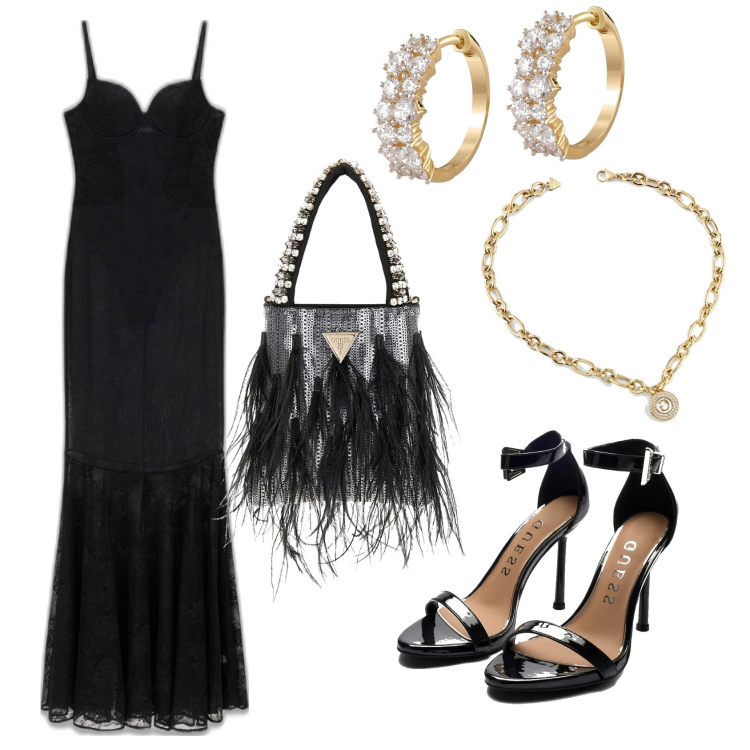 Outfit mujer - Glamour night. Estilo Glamour para Noche/Fiesta elegante. Combinación con pendientes, sandalias de piel, vestidos largos, clutch, collares.