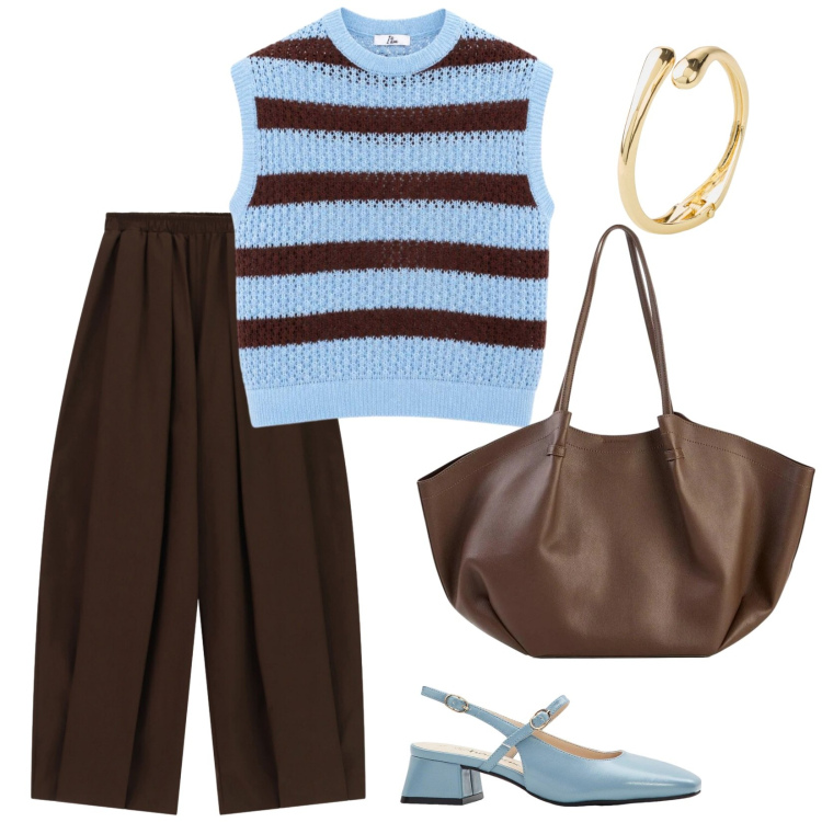 Outfit donna - Colori perfetti. per Tutti i giorni. Abbinamento con shopping bag, décolleté, braccialetti, canottiere, pantaloni a palazzo.