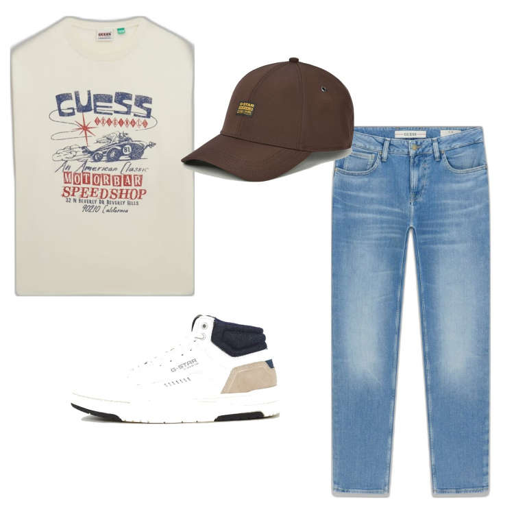 Outfit hombre - Casual. Estilo Casual para Todos los días. Combinación con camiseta, vaqueros slim fit, sneakers, sombreros o gorros con visera.