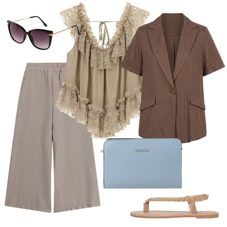 Outfit donna - Giorni di fine estate. per Tutti i giorni. Abbinamento con occhiali da sole, pantaloni, borse a tracolla, ciabatte, top, blazer.