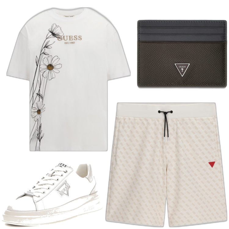 Outfit hombre - Casual. Estilo Casual para Todos los días. Combinación con pantalones cortos, camiseta, sneakers, monederos.
