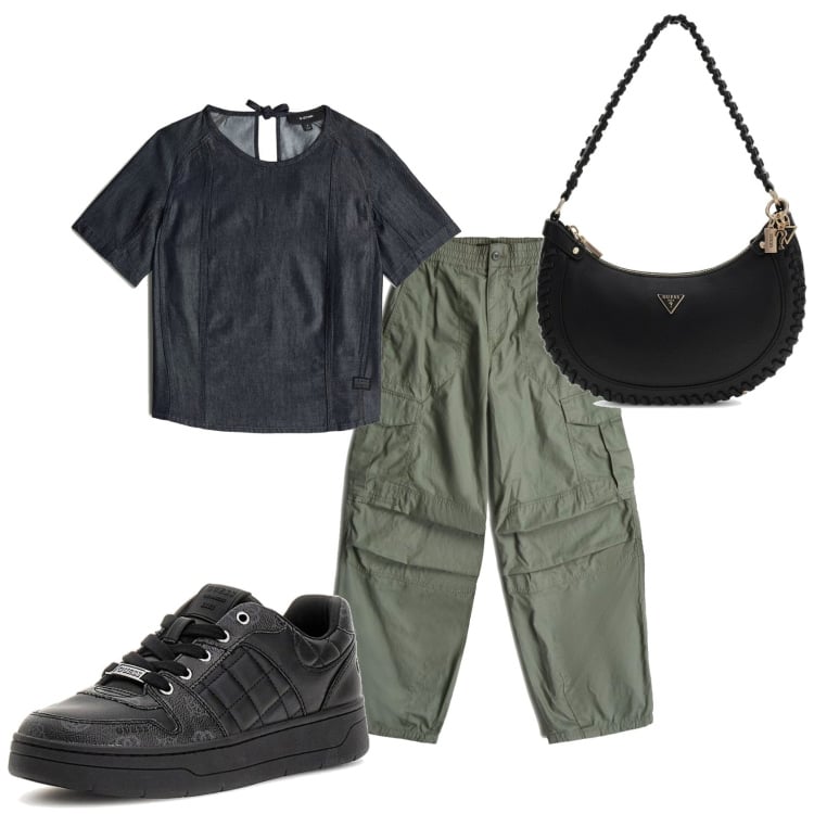 Outfit mujer - Casual. Estilo Casual para Todos los días. Combinación con sneakers, camiseta, bolsos de hombro, pantalones cargo.