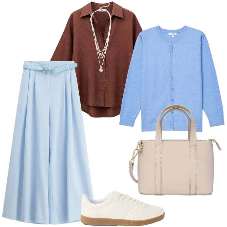 Outfit donna - Una semplice giornata. per Tutti i giorni. Abbinamento con collane, sneakers, pantaloni a palazzo, borse a tracolla, cardigans, camicie.
