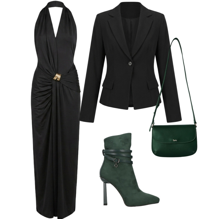 Outfit donna - Evento serale. per Serata fuori. Abbinamento con stivaletti, borse a tracolla, vestiti lunghi, blazer.