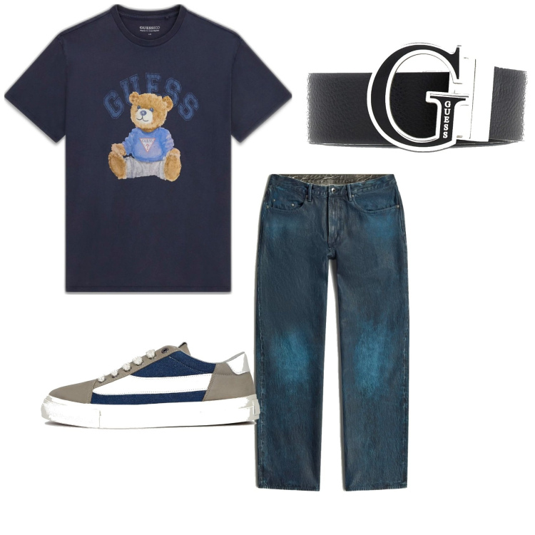 Outfit hombre - Casual. Estilo Casual para Todos los días. Combinación con sneakers, camiseta, cinturones, vaqueros rectos.