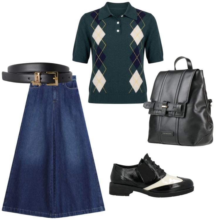 Outfit donna - Un po\' British. per Tutti i giorni. Abbinamento con zaini, scarpe stringate, jeans, cinture, maglieria.