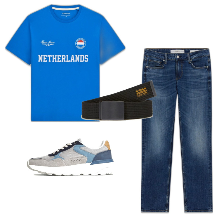 Outfit hombre - Casual. Estilo Casual para Todos los días. Combinación con cinturones, sneakers, vaqueros slim fit, camiseta.