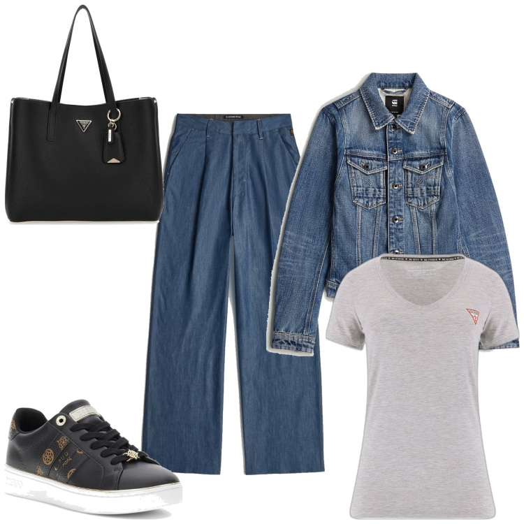 Outfit mujer - Casual #7628. Estilo Casual para Todos los días. Combinación con sneakers, blazers, bolso shopper, vaqueros pata de elefante, camiseta.