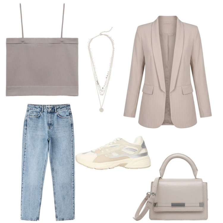 Outfit donna - Casual Sunday afternoon. Stile Casual chic per Tutti i giorni. Abbinamento con collane, sneakers, top, borse a tracolla, jeans mom, blazer.