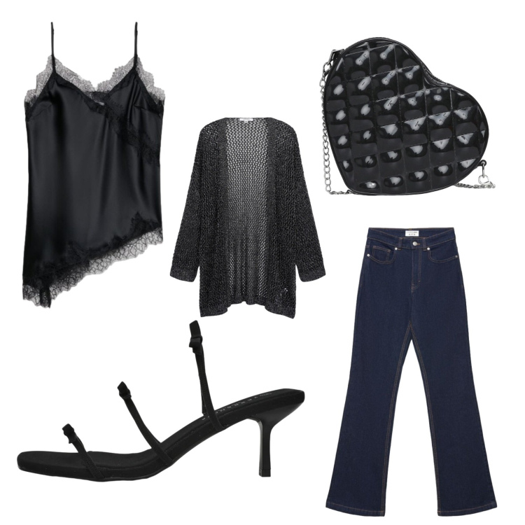 Outfit donna - Cena di fine estate. Stile Glamour per Serata fuori. Abbinamento con kimono, borse a tracolla, sandali col tacco, canottiere, jeans bootcut.