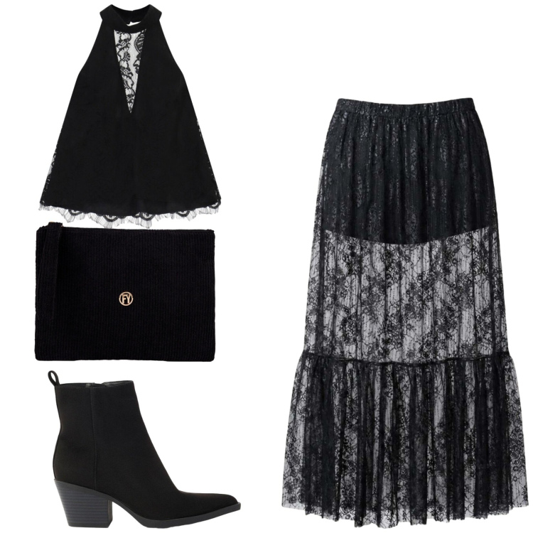 Outfit donna - Total look #2457395. Stile Rock per Serata fuori. Abbinamento con stivaletti texani, top, gonne longuette, pochette.